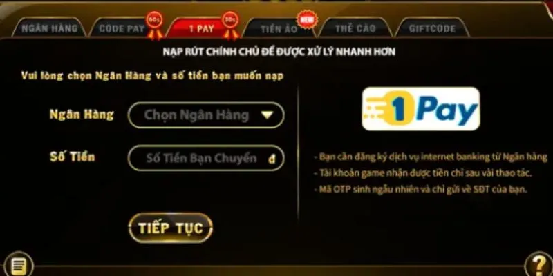 Người chơi chỉ cần thực hiện 5 bước hướng dẫn nạp tiền là hoàn tất giao dịch